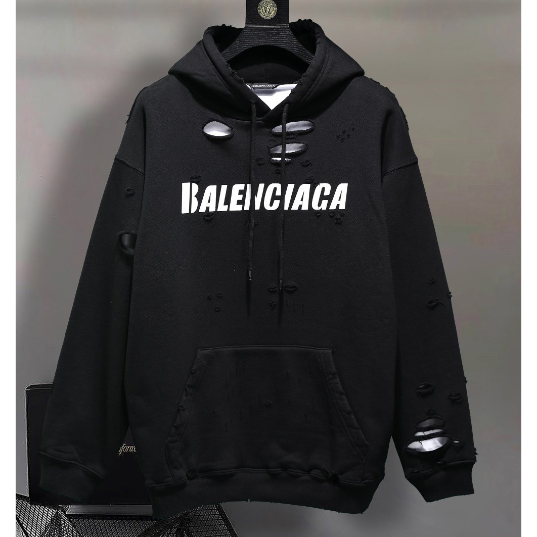 Balenciaga Destroyed Hoodie In Black And White Medium Fleece - everydesigner