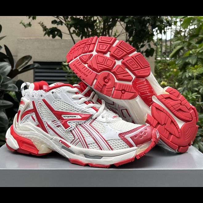 Balenciaga Runner Sneaker In White And Red Mesh And Nylon - everydesigner