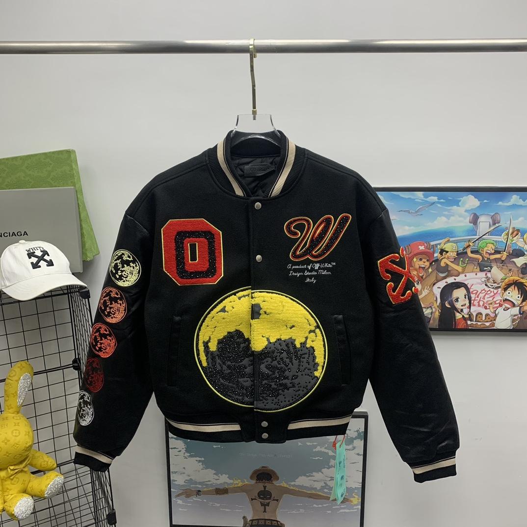 Off White Moon Phase Leather-sleeve Varsity Jacket - everydesigner