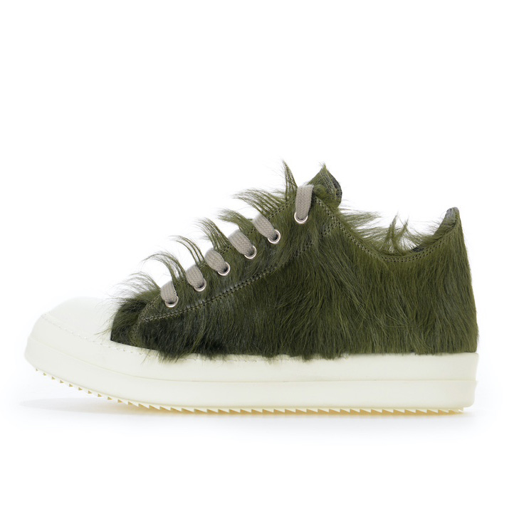 Rick Owens Green Pony Hair Low Sneakers - everydesigner