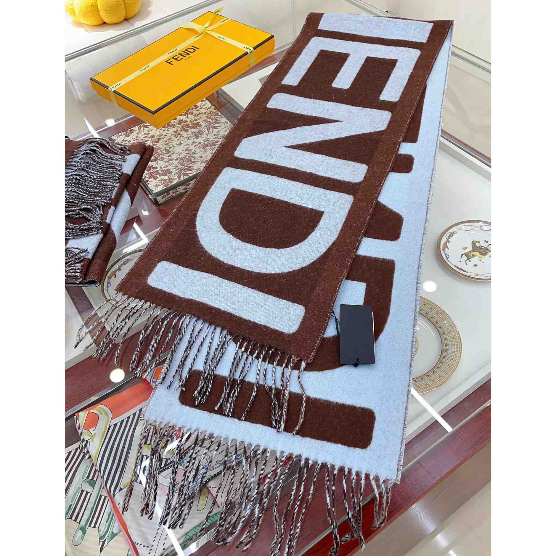 Fendi Brown And Light Blue Wool Scarf  - everydesigner