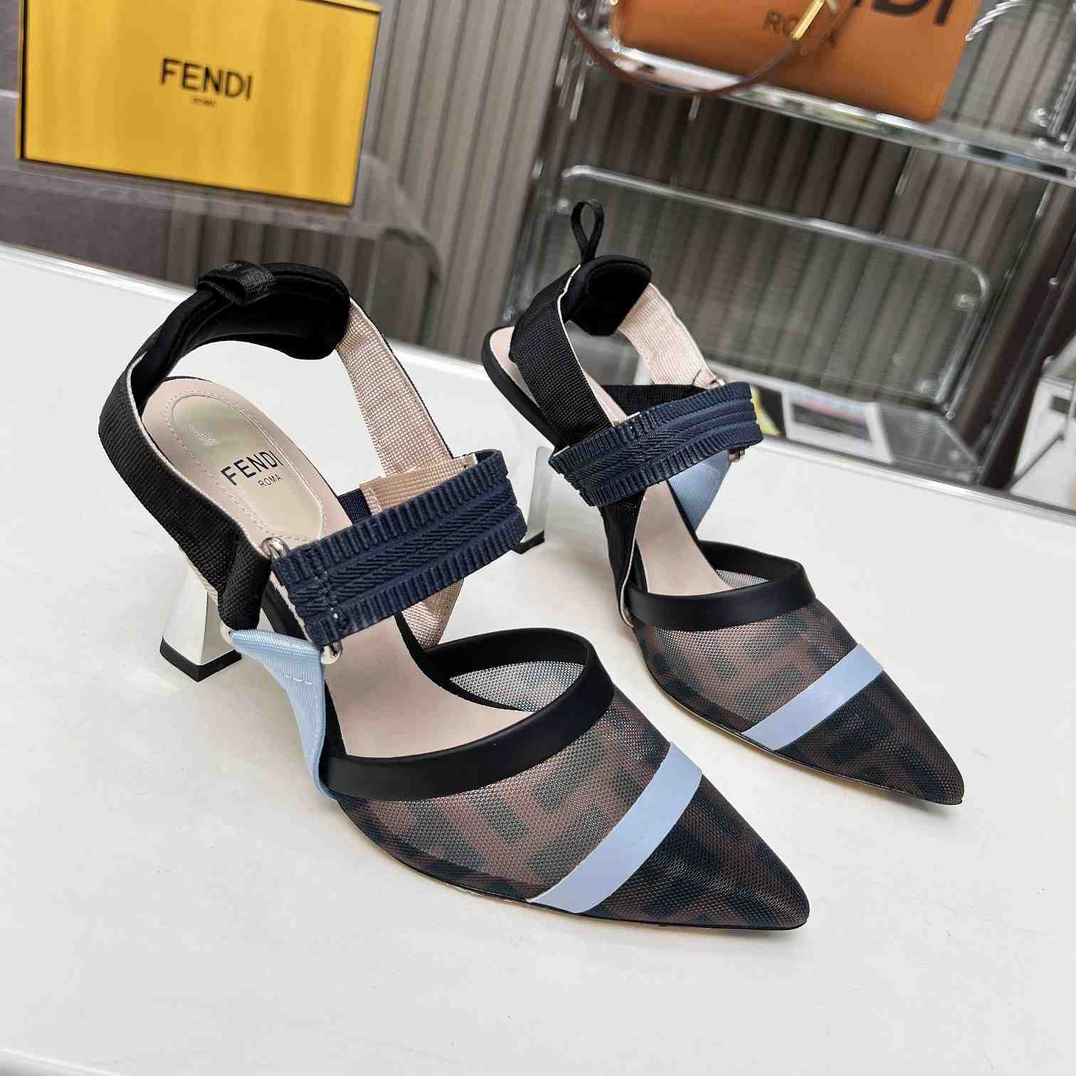 Fendi Colibrì Blue Mesh High-heeled Slingbacks - everydesigner