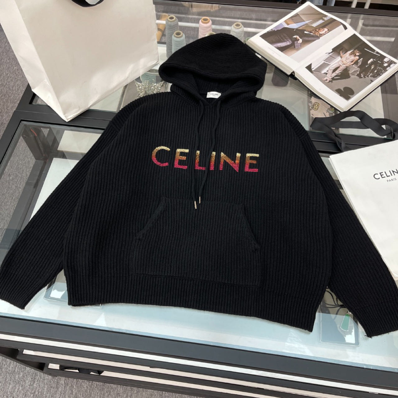 Celine Sequin-Embellished Ribbed Wool Hoodie - everydesigner