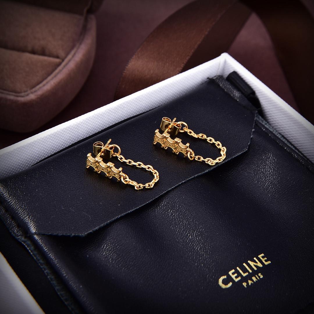 Celine Triomphe Chain Earrings In Brass With Gold Finish - everydesigner