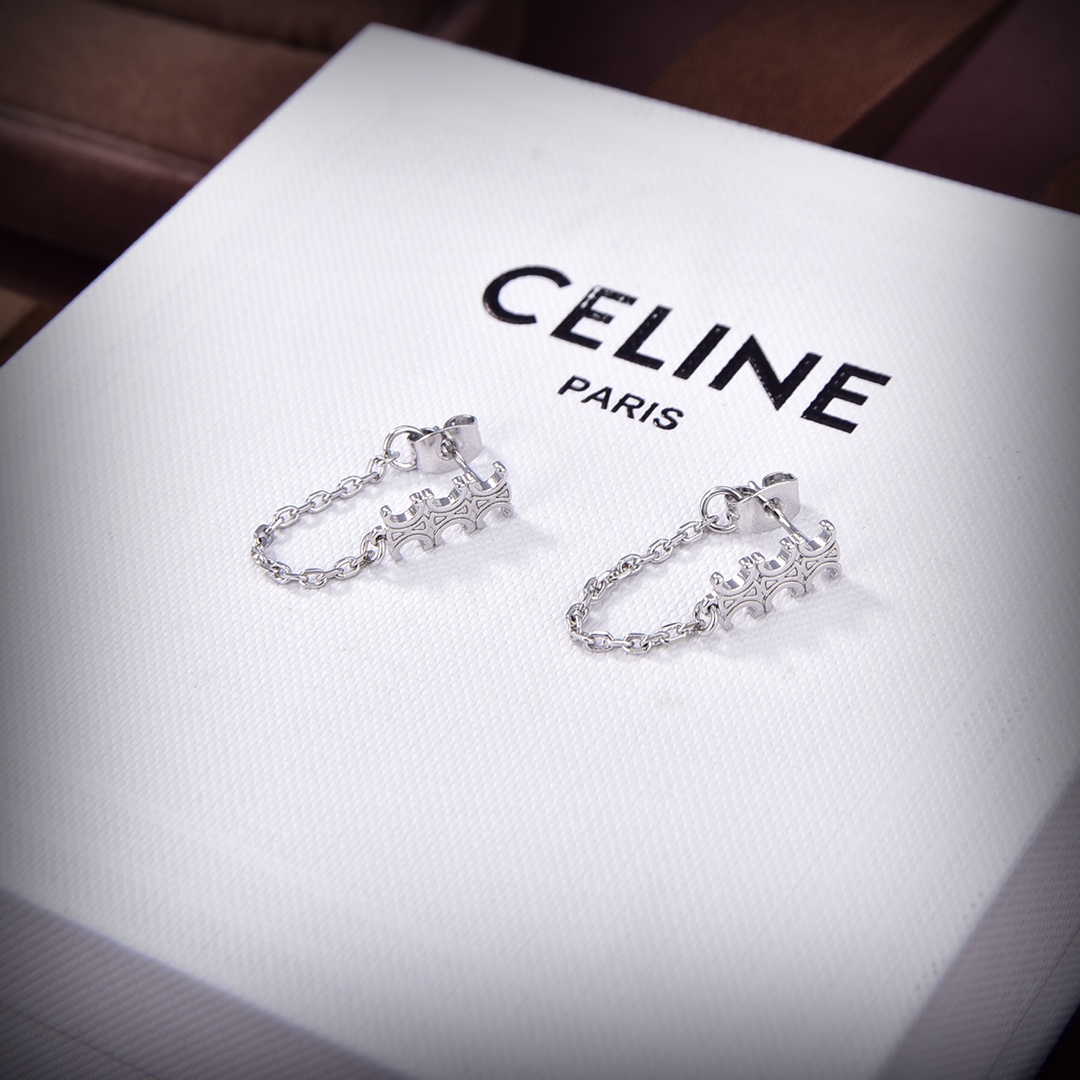 Celine Triomphe Chain Earrings In Brass With Rhodium Finish - everydesigner