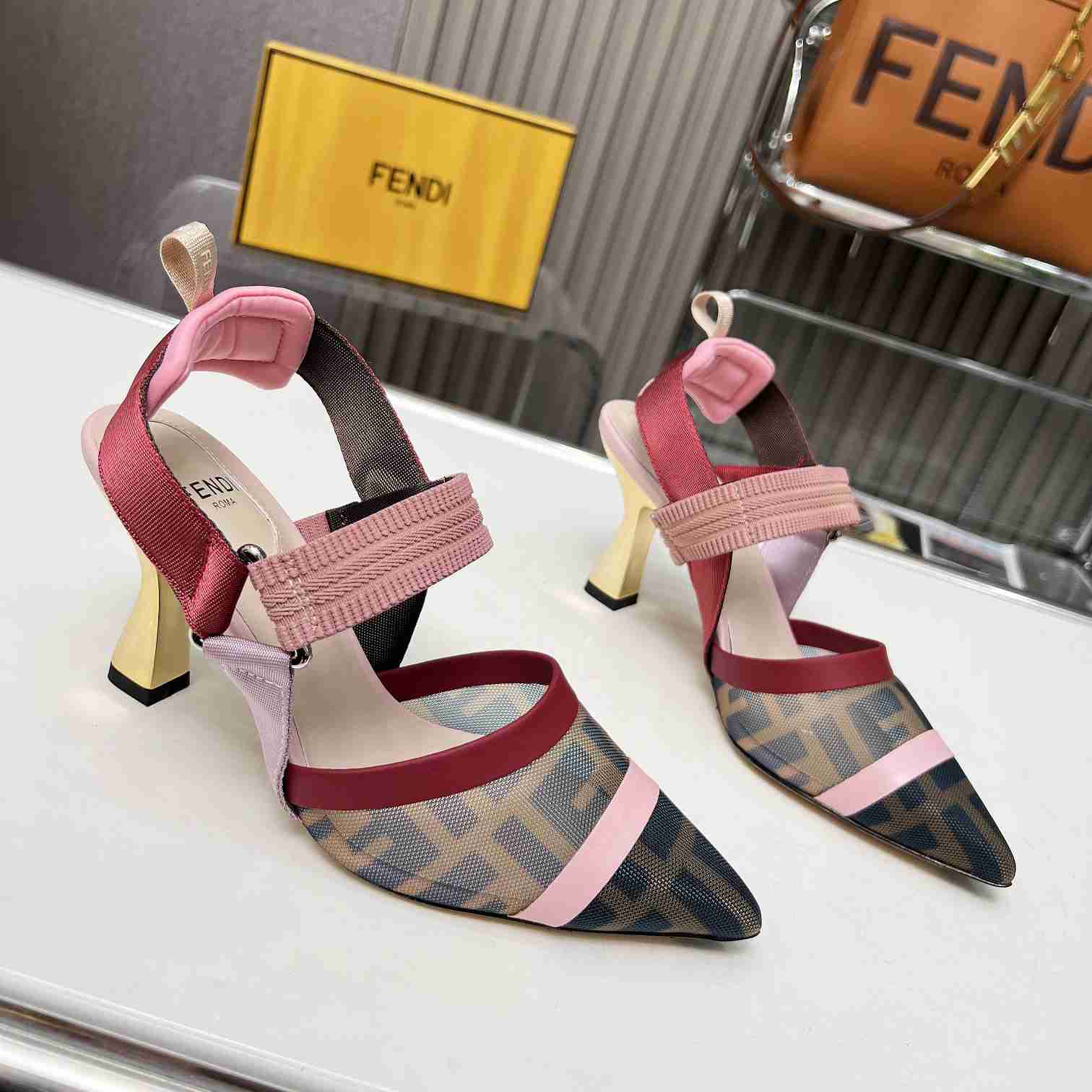 Fendi Colibrì Brown Mesh High-heeled Slingbacks - everydesigner