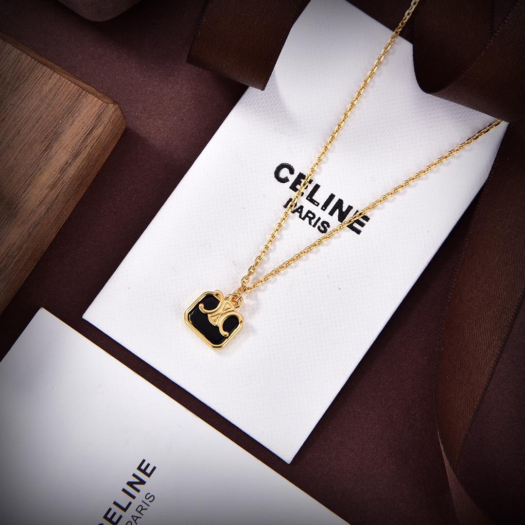 Celine Triomphe Indie Small Charms Necklace In Brass With Gold Finish And Nero Assoluto - everydesigner