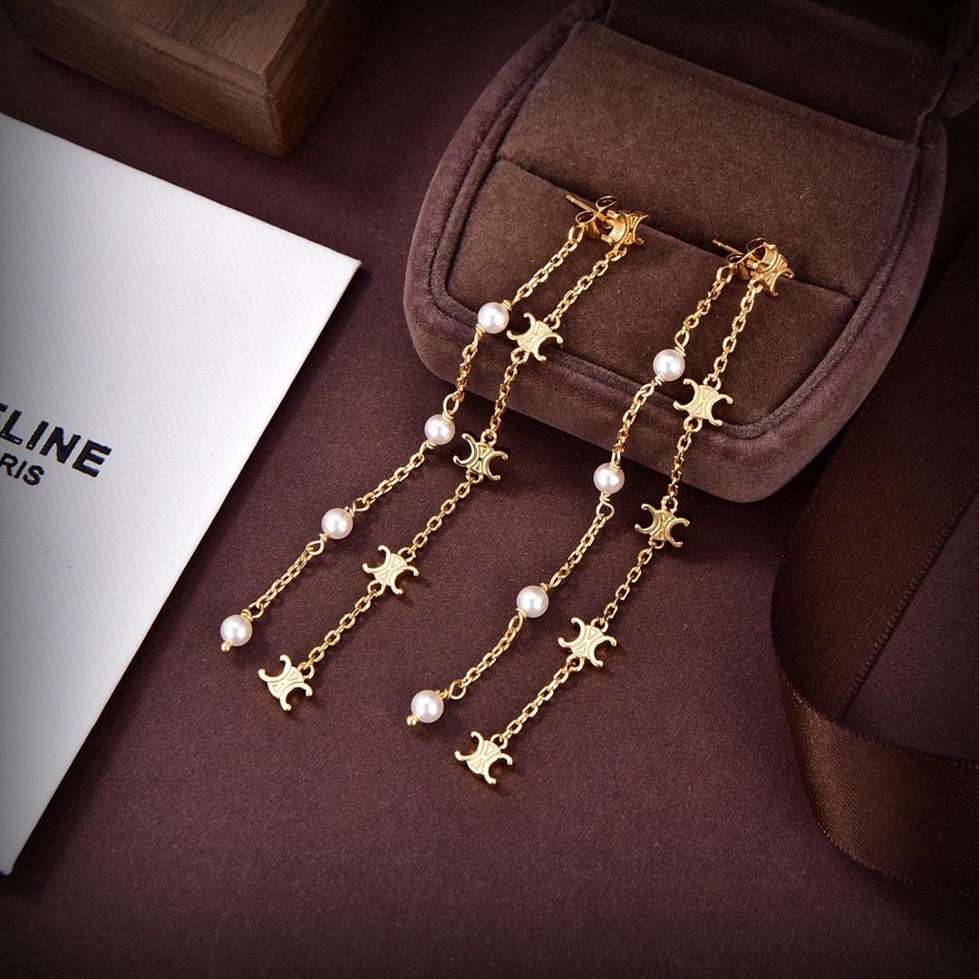 Celine Triomphe Long Pearl Earrings In Brass With Gold Finish And Resin Pearls - everydesigner