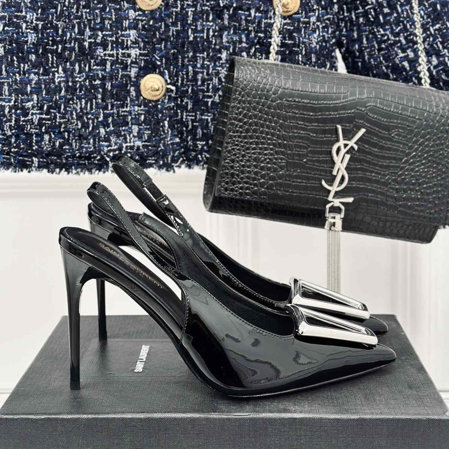 Saint Laurent Avenue Slingback Pumps In Patent Leather - everydesigner