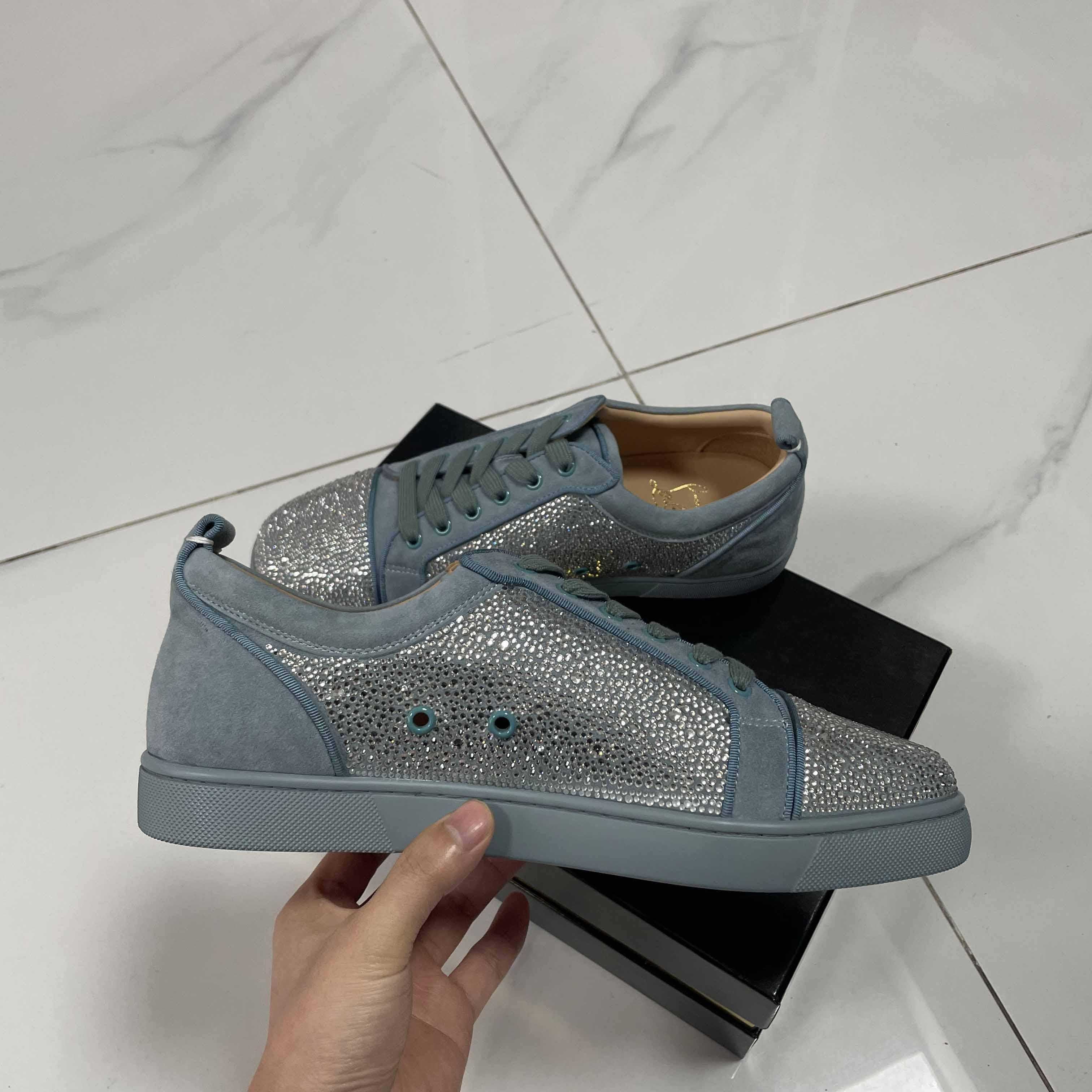 Christian Louboutin Men's Louis Junior Strass Rhinestone Suede Low-Top Sneakers - everydesigner