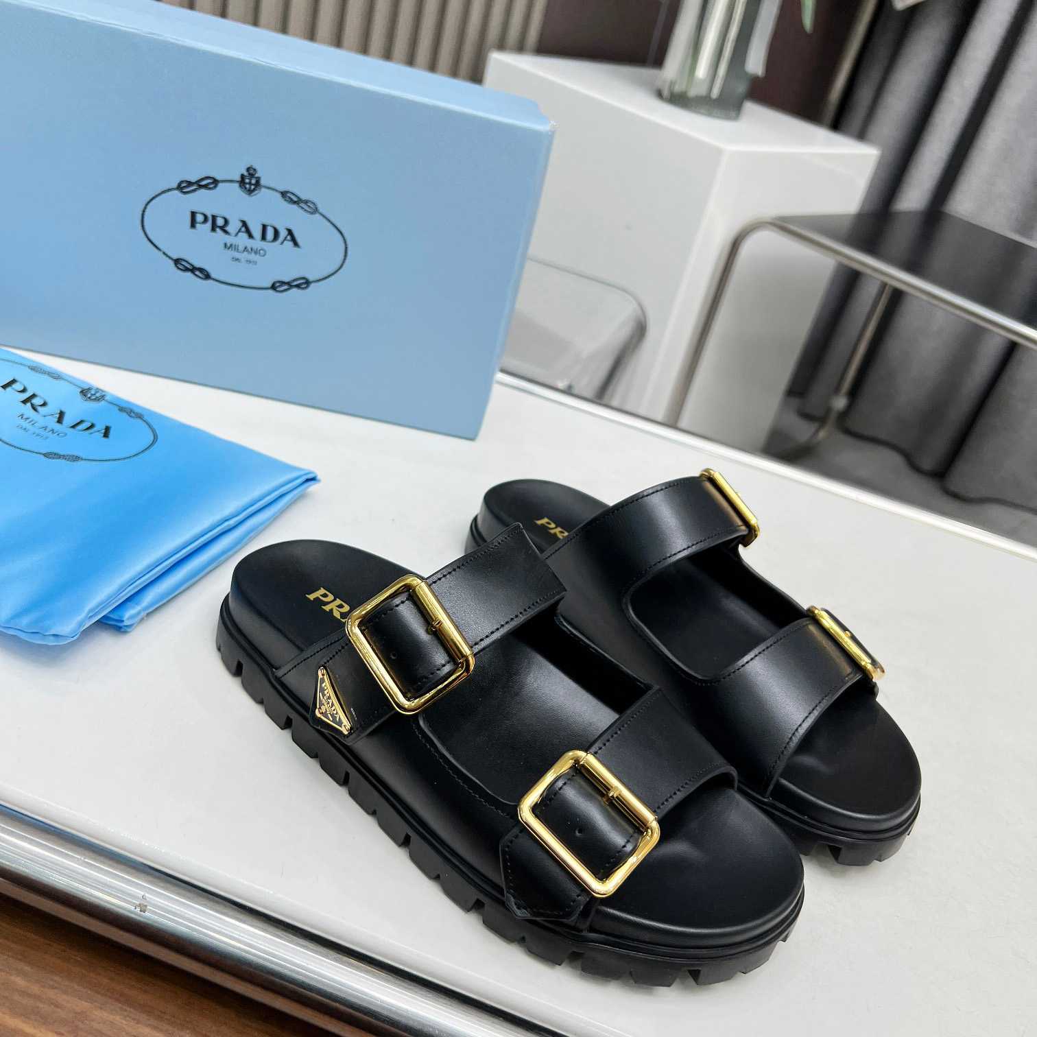 Prada Leather Strap Slides - everydesigner