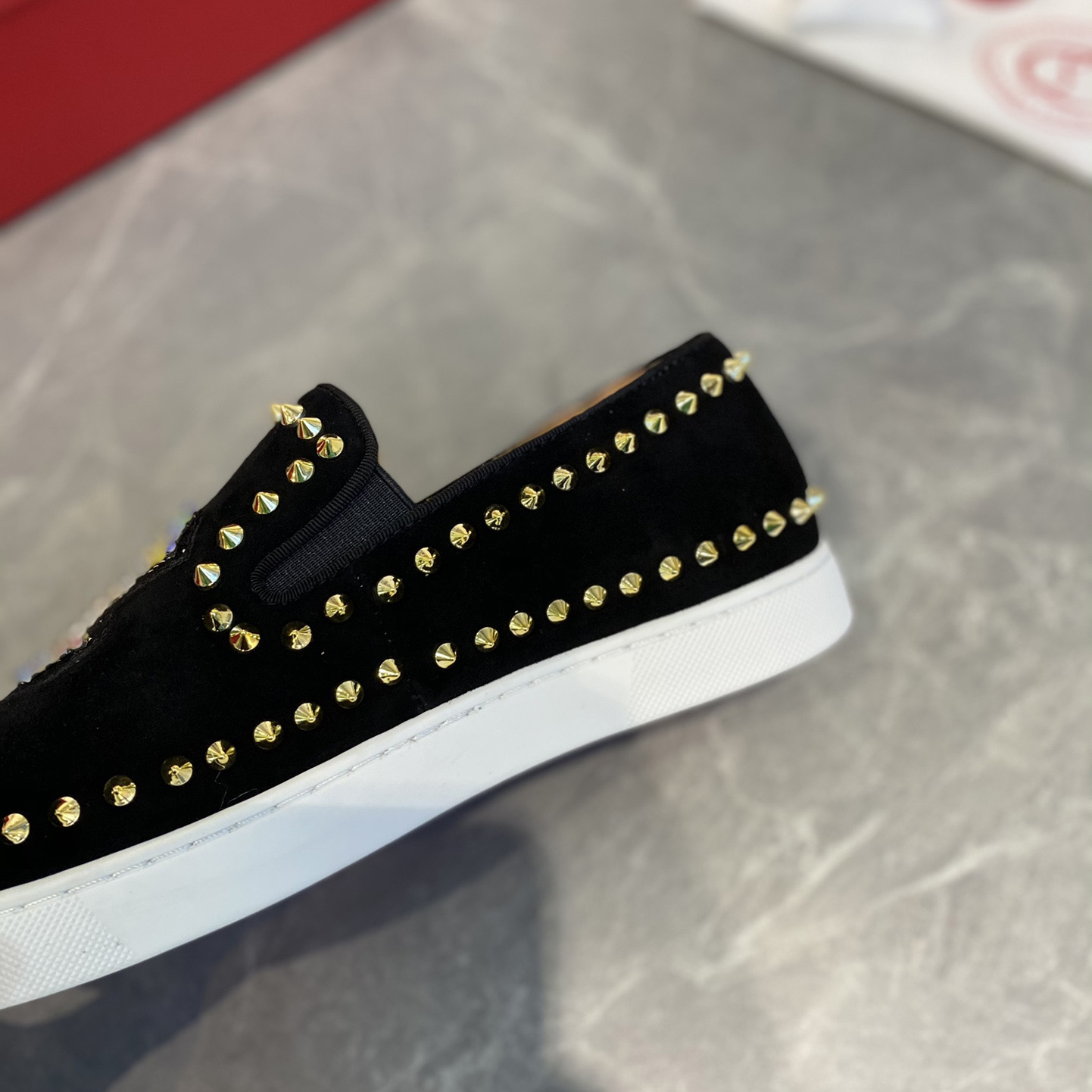 Christian Louboutin Studded Suede Spike Slip-On Sneakers - everydesigner