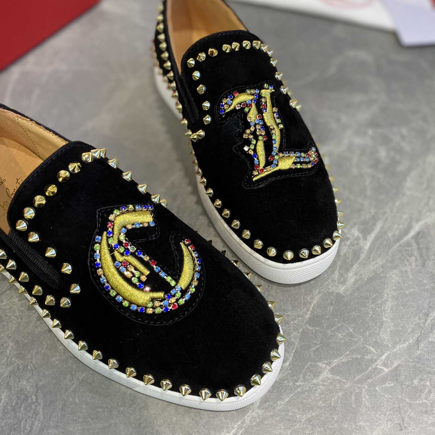 Christian Louboutin Studded Suede Spike Slip-On Sneakers - everydesigner