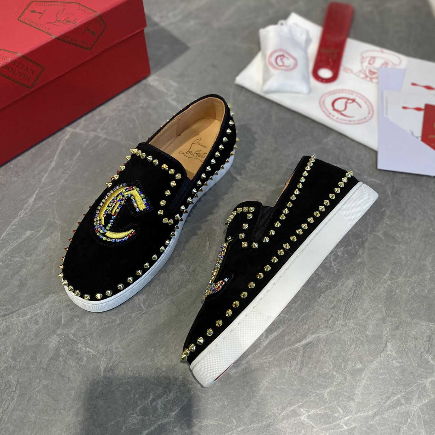 Christian Louboutin Studded Suede Spike Slip-On Sneakers - everydesigner