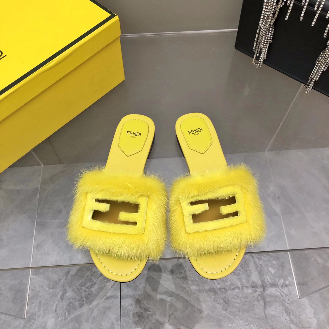 Fendi Baguette Yellow Mink Slides - everydesigner