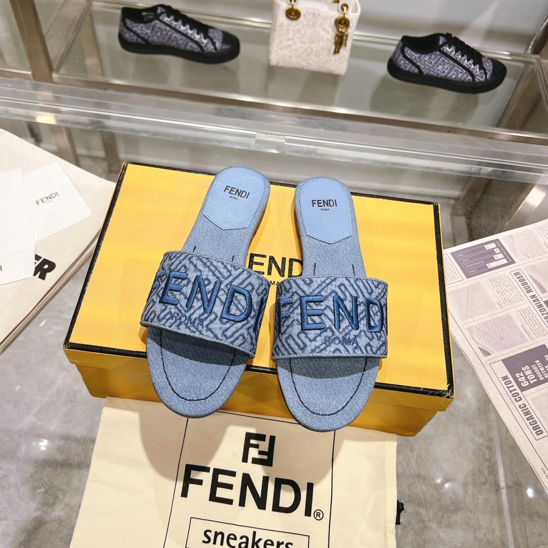 Fendi Signature Blue Denim Slides - everydesigner