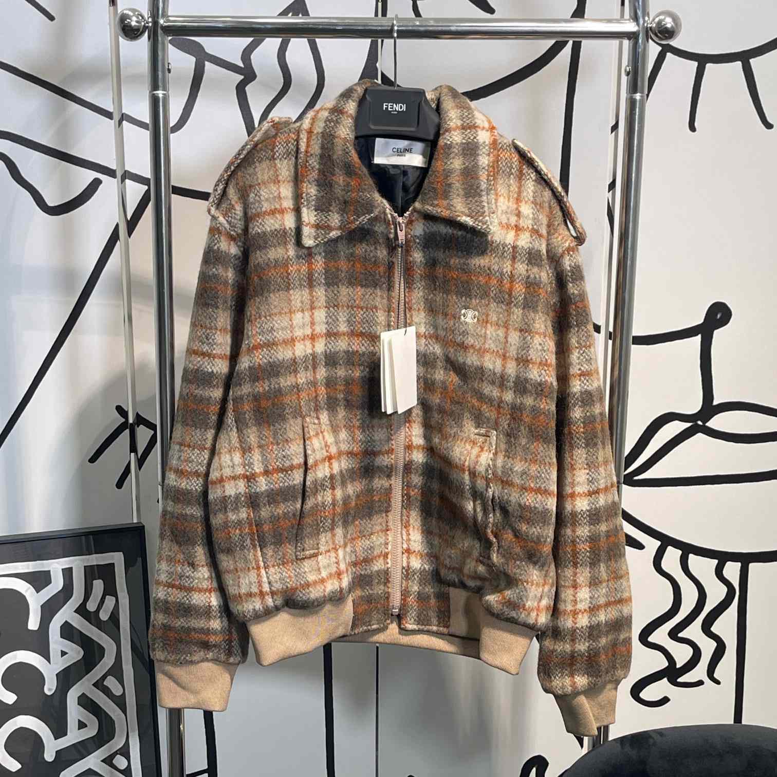 Celine Loose Teddy Jacket In Brushed Checked Tweed - everydesigner