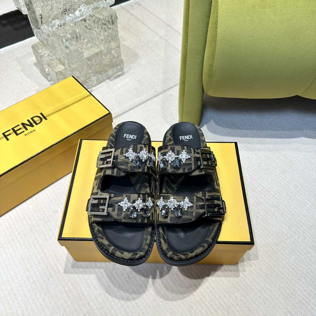 Fendi Feel Brown Fabric Slides - everydesigner