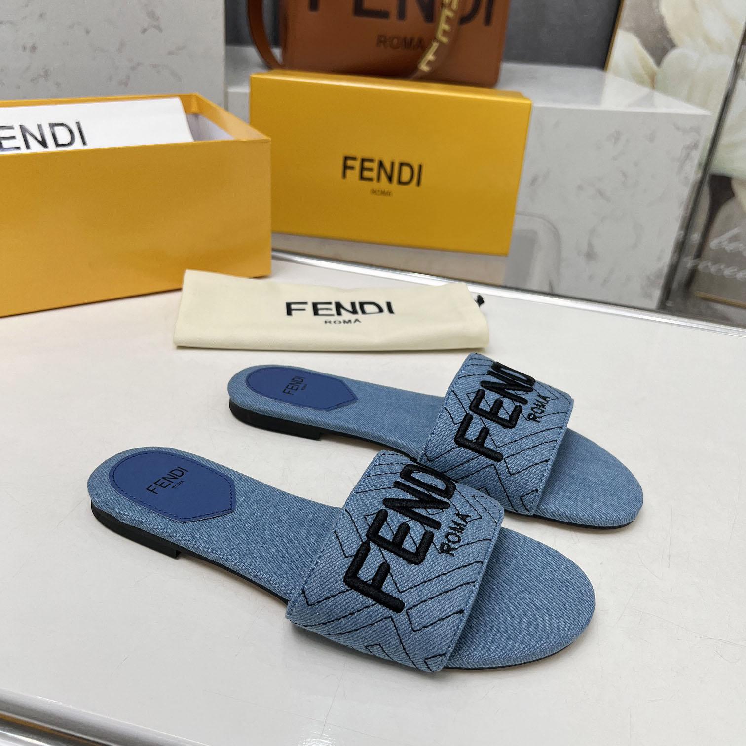 Fendi Signature Blue Denim Slides - everydesigner