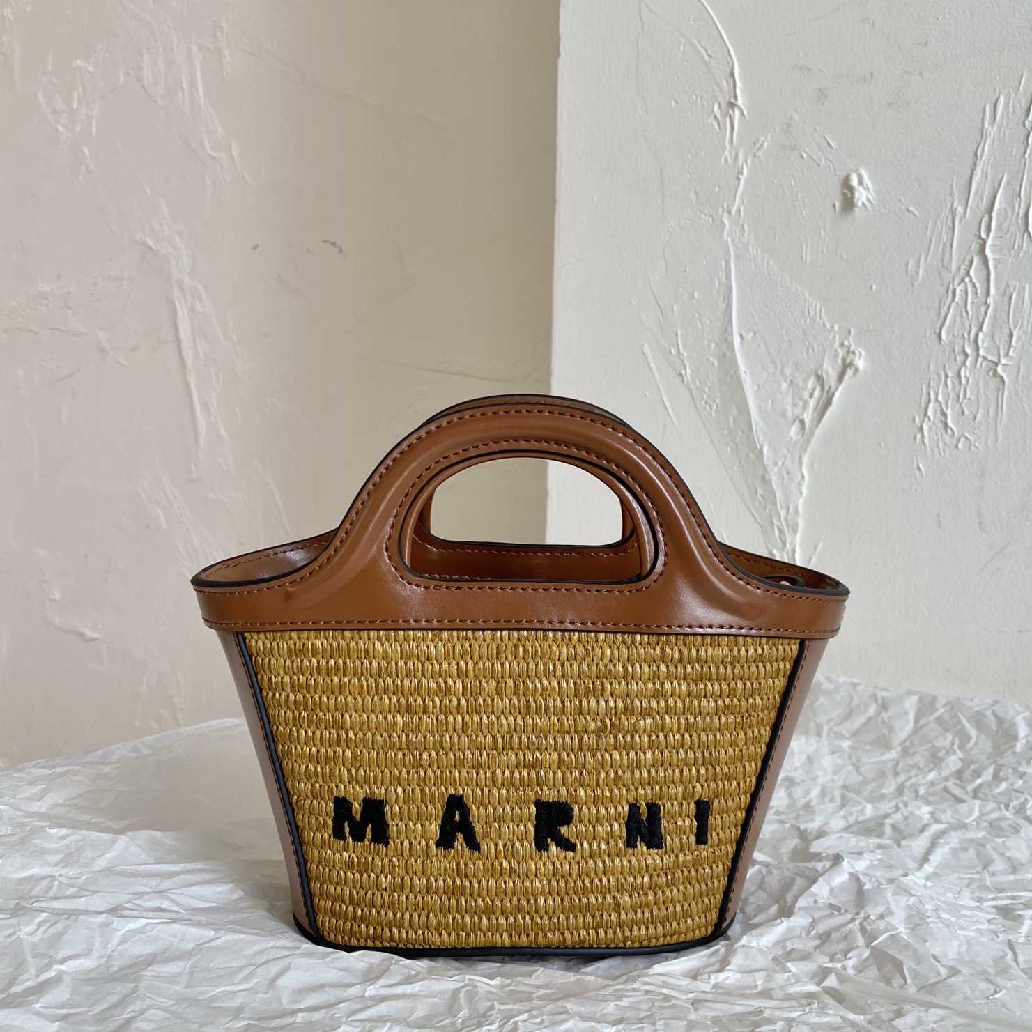 Marni Tropicalia Micro Bag In Brown Leather And Raffia-effect Fabric - everydesigner