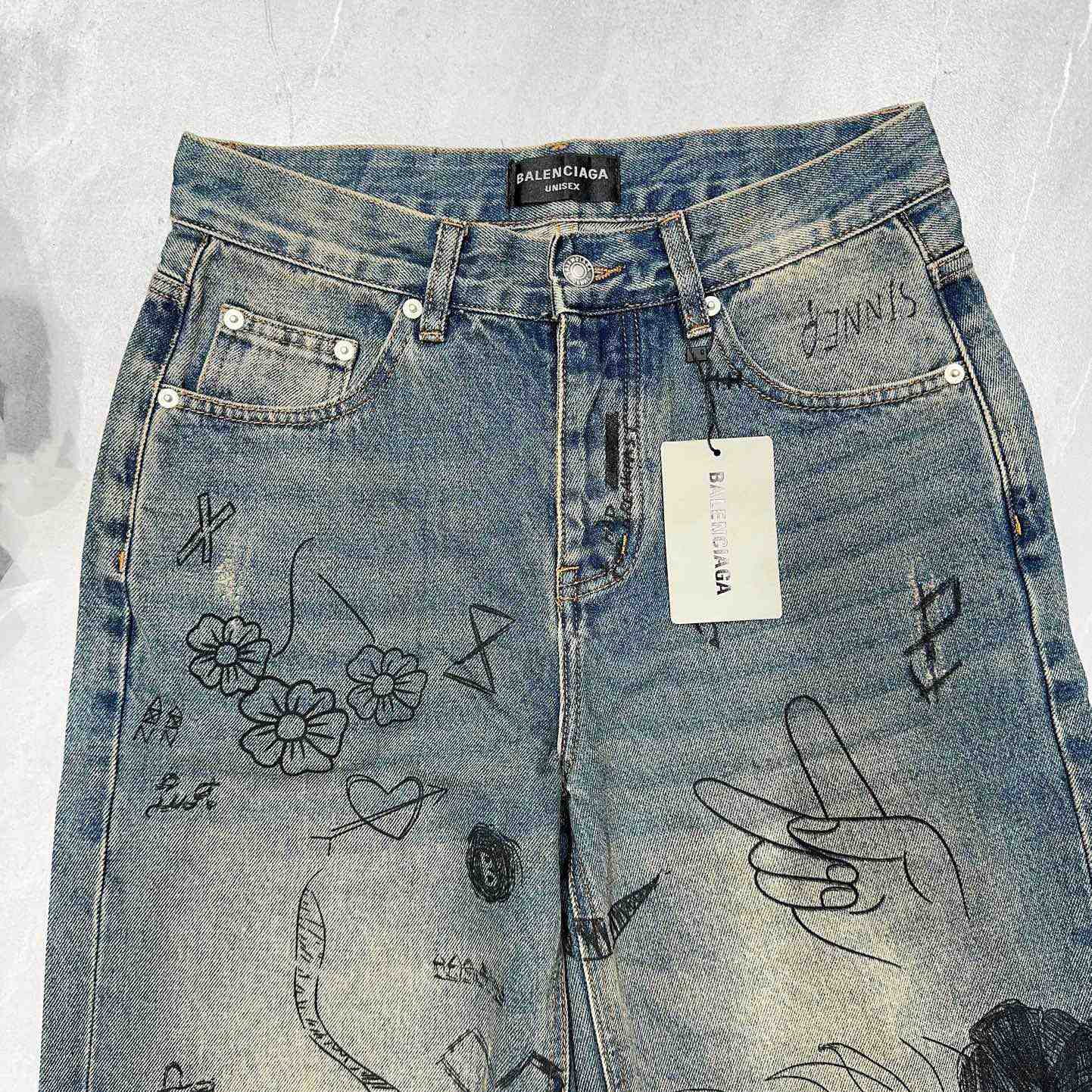 Balenciaga Rhinestone Baggy Distressed Jean   BG1003 - everydesigner