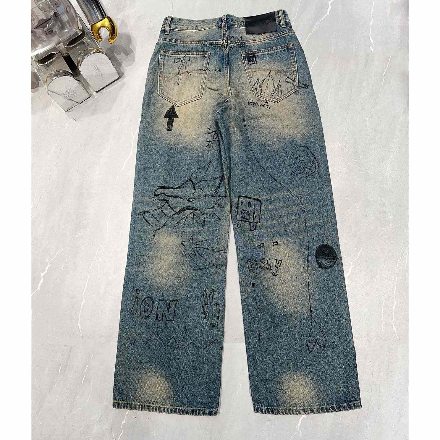 Balenciaga Rhinestone Baggy Distressed Jean   BG1003 - everydesigner