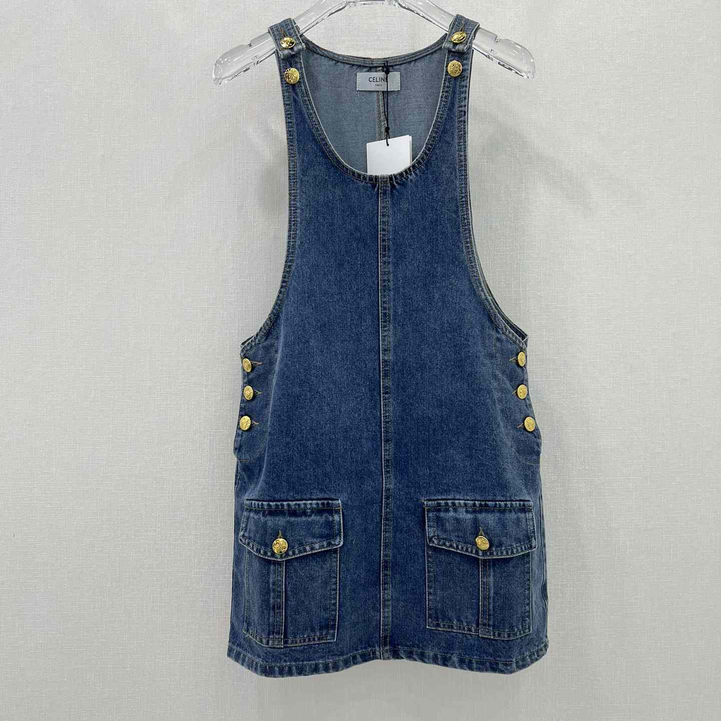 Celine Dungarees Mini Dress In Union Wash Denim  - everydesigner