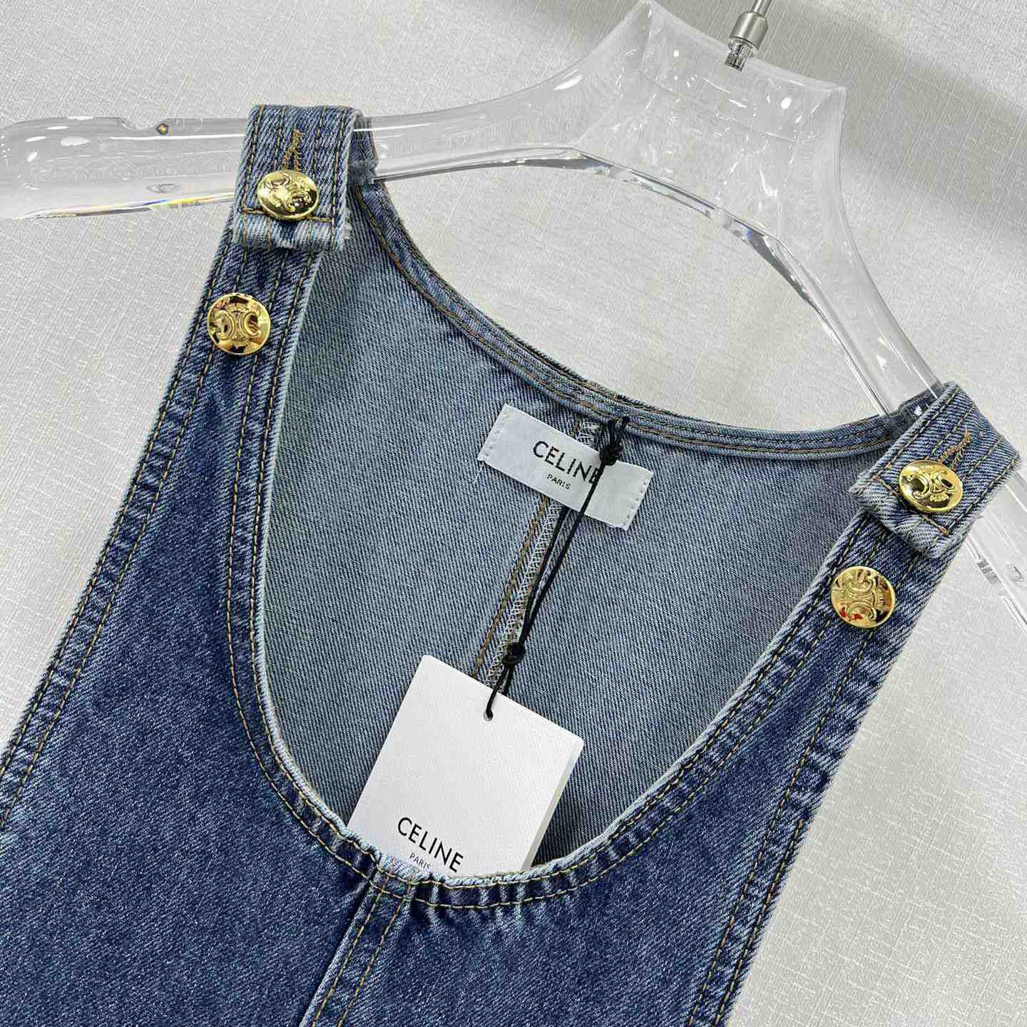 Celine Dungarees Mini Dress In Union Wash Denim  - everydesigner