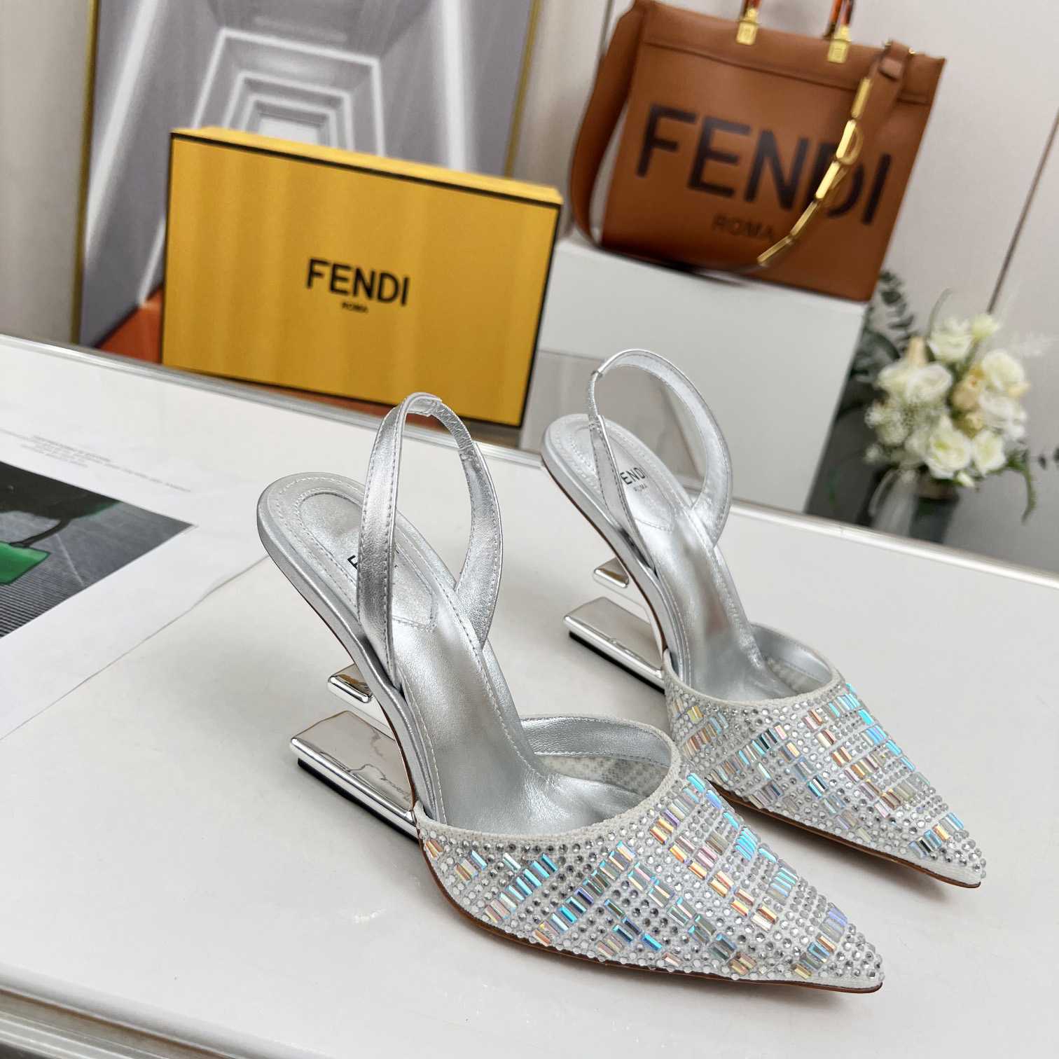 Fendi First Silver-colored Rhinestone High-heeled Slingbacks - everydesigner