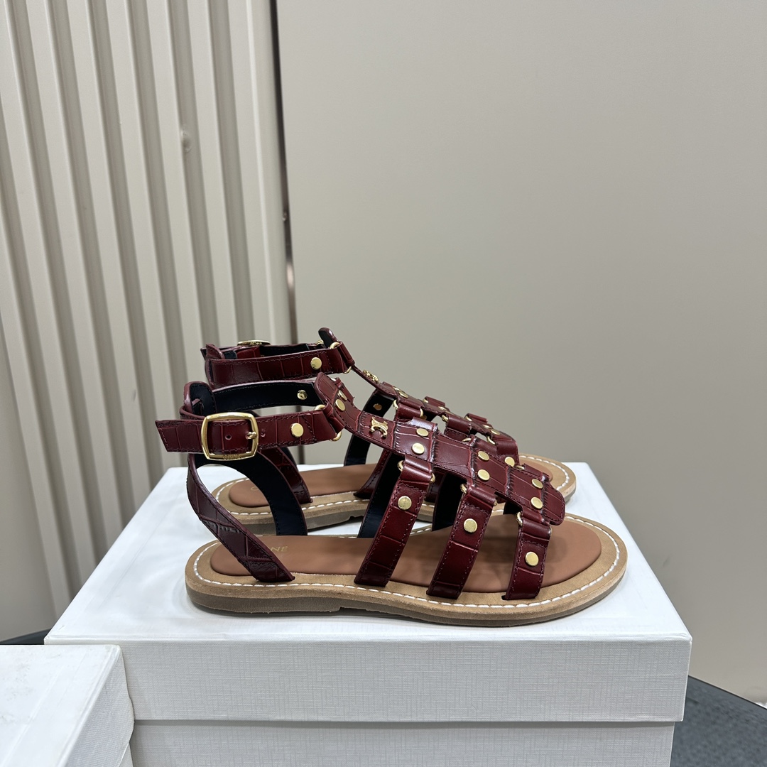 Celine Lympia Gladiator Sandal In Crocodile Stamped Calfskin Dark Brown - everydesigner