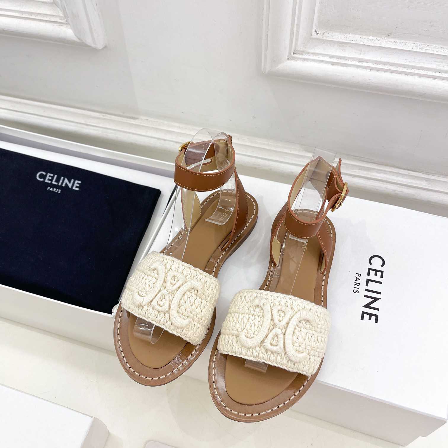 Celine Lympia Sandal In Triomphe Maccrame Cotton & Calfskin - everydesigner