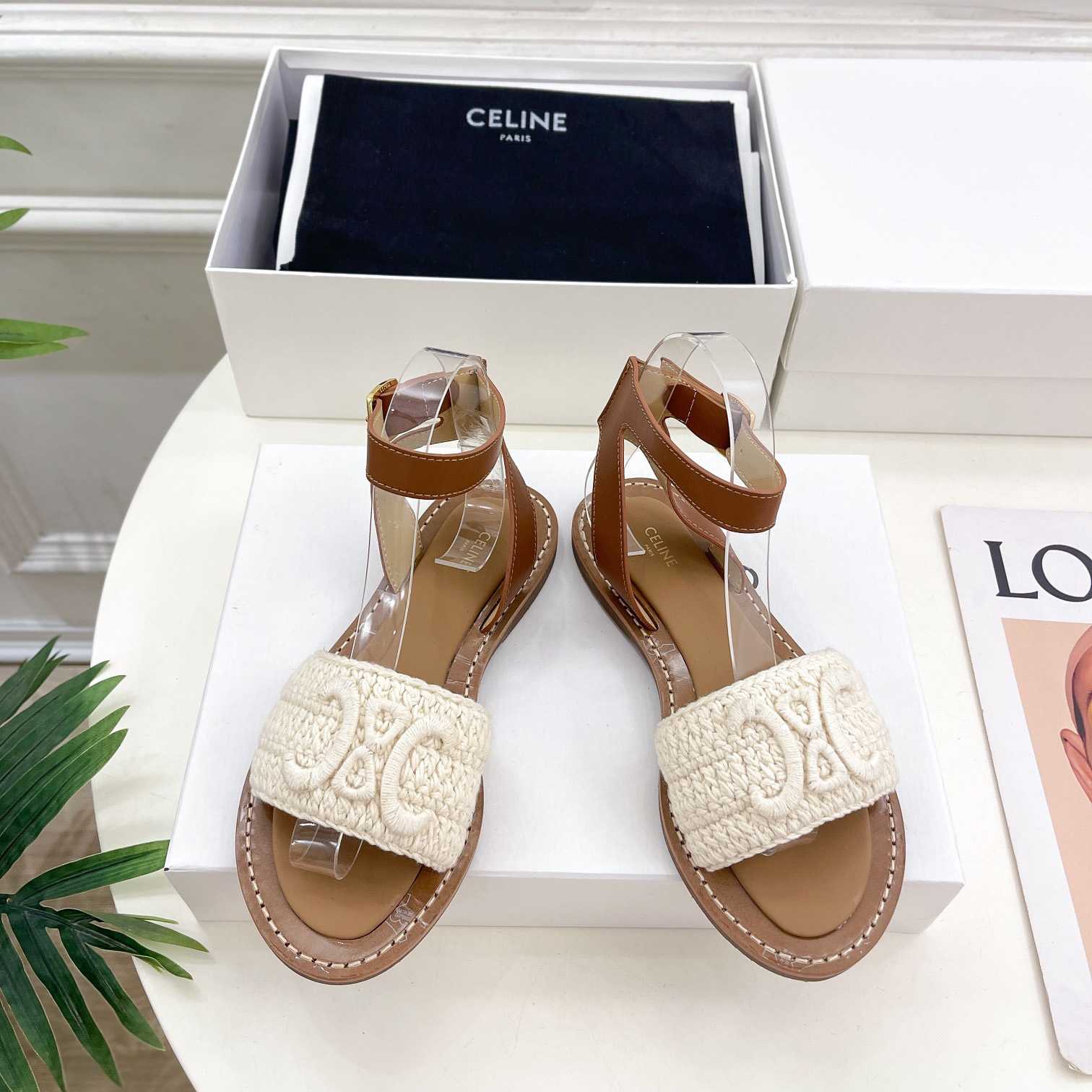 Celine Lympia Sandal In Triomphe Maccrame Cotton & Calfskin - everydesigner