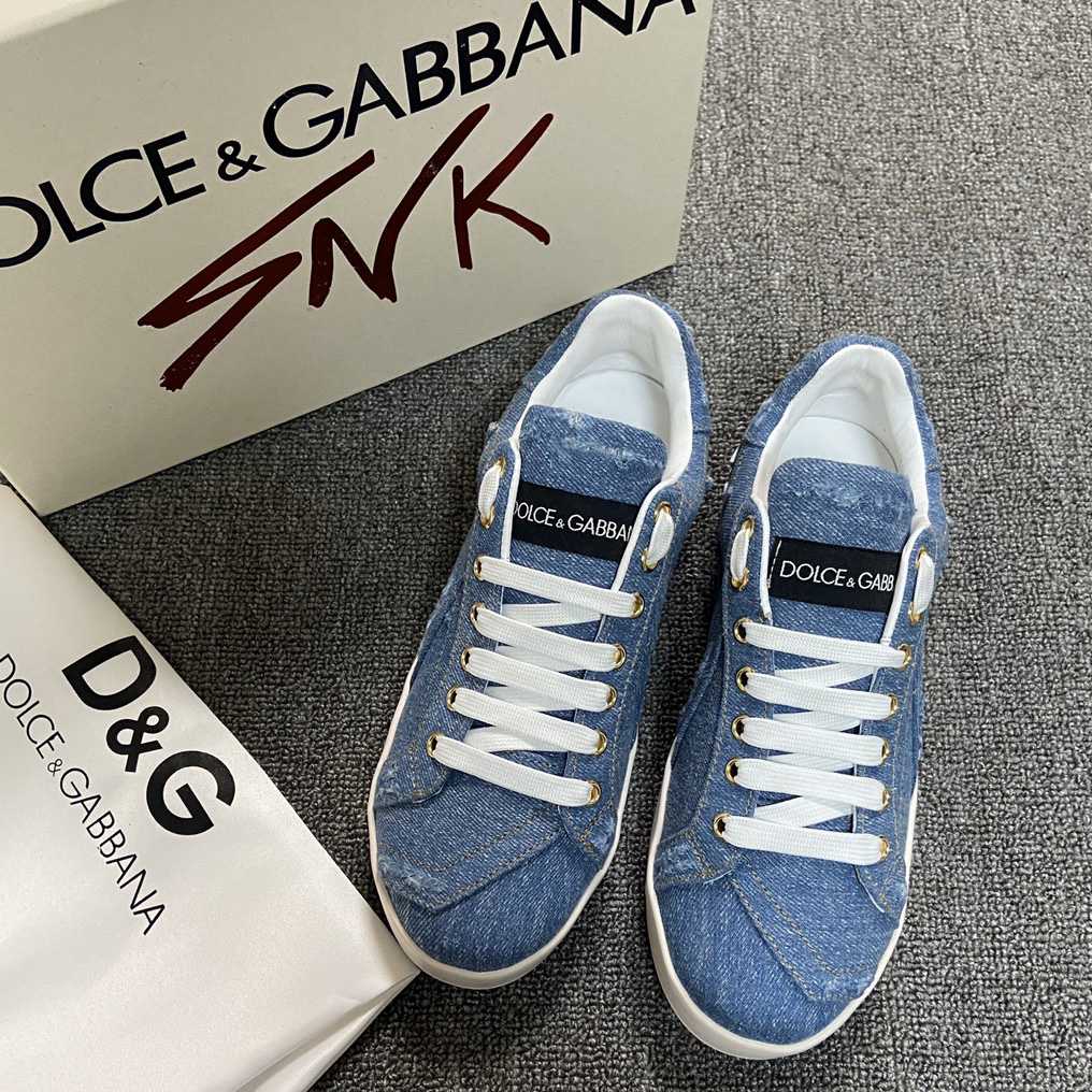 Dolce & Gabbana Portofino Denim Patchwork Trainers In Blue - everydesigner