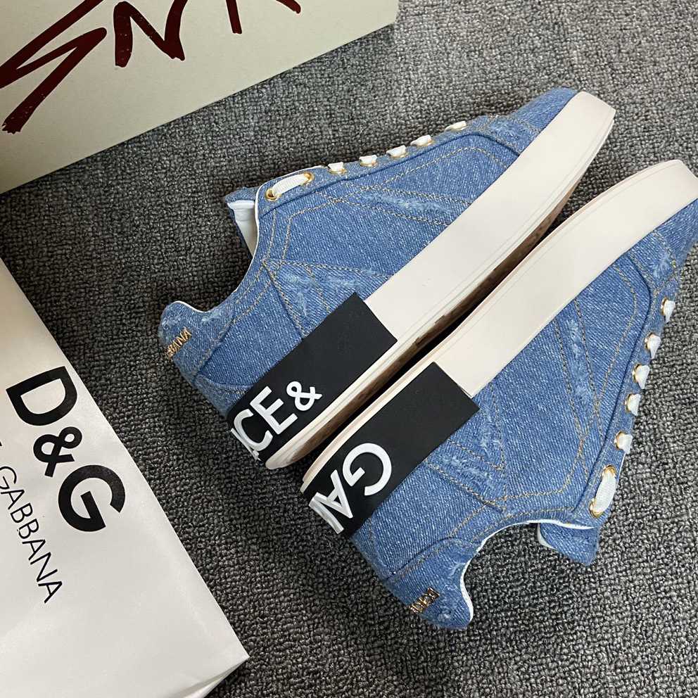 Dolce & Gabbana Portofino Denim Patchwork Trainers In Blue - everydesigner