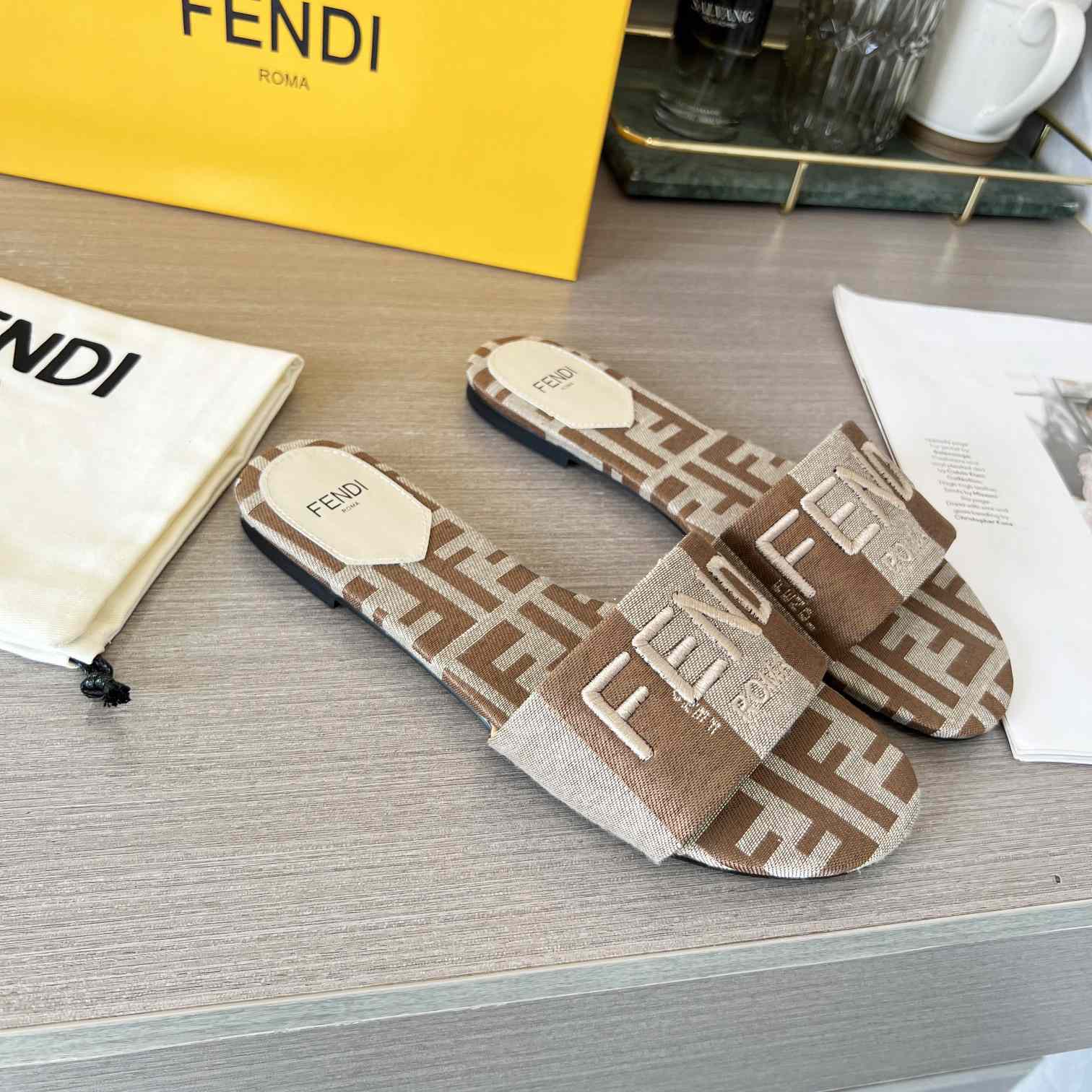 Fendi Signature Beige Fabric Slides - everydesigner