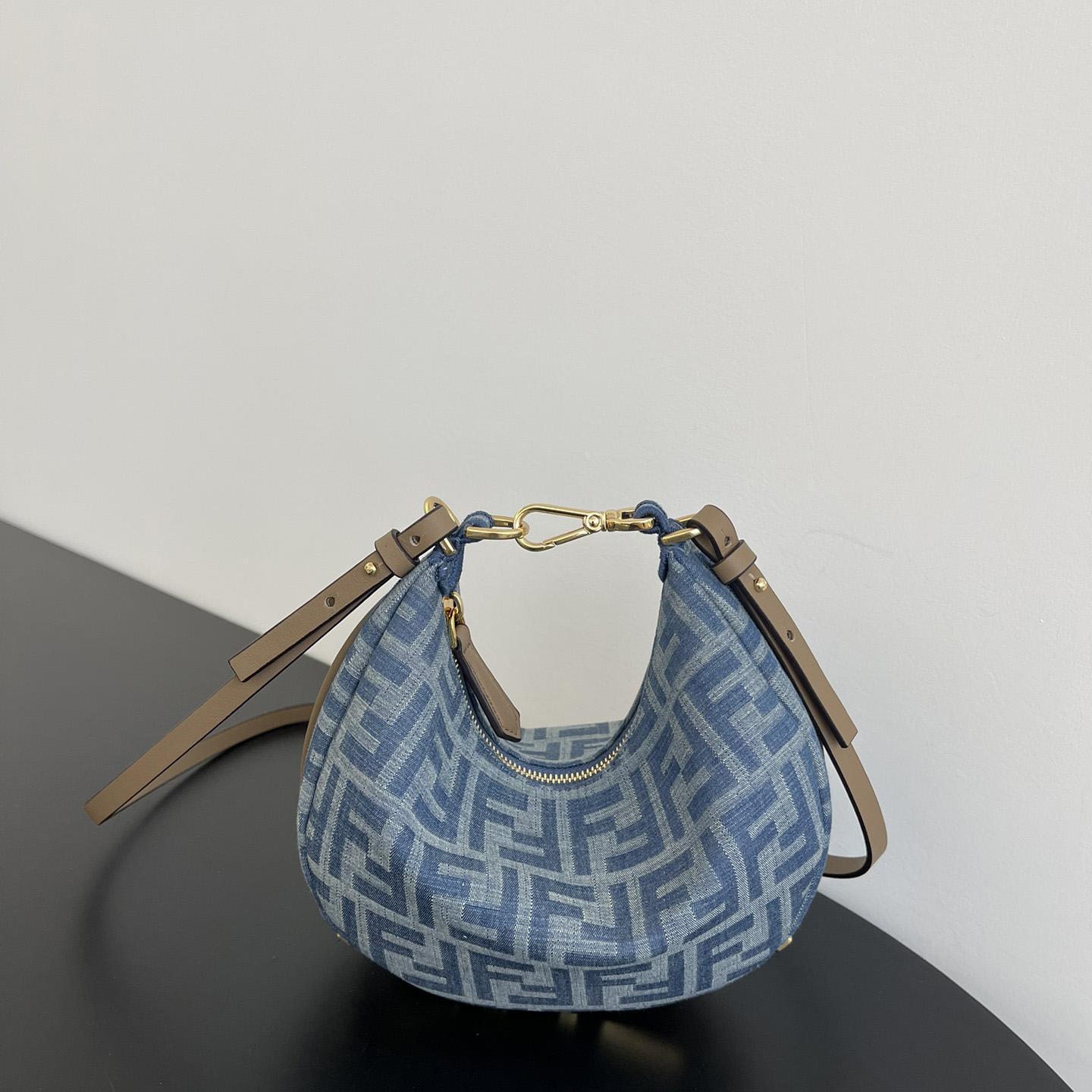 Fendi Women's Blue Graphy Mini Ff Denim & Leather Hobo Bag  - everydesigner