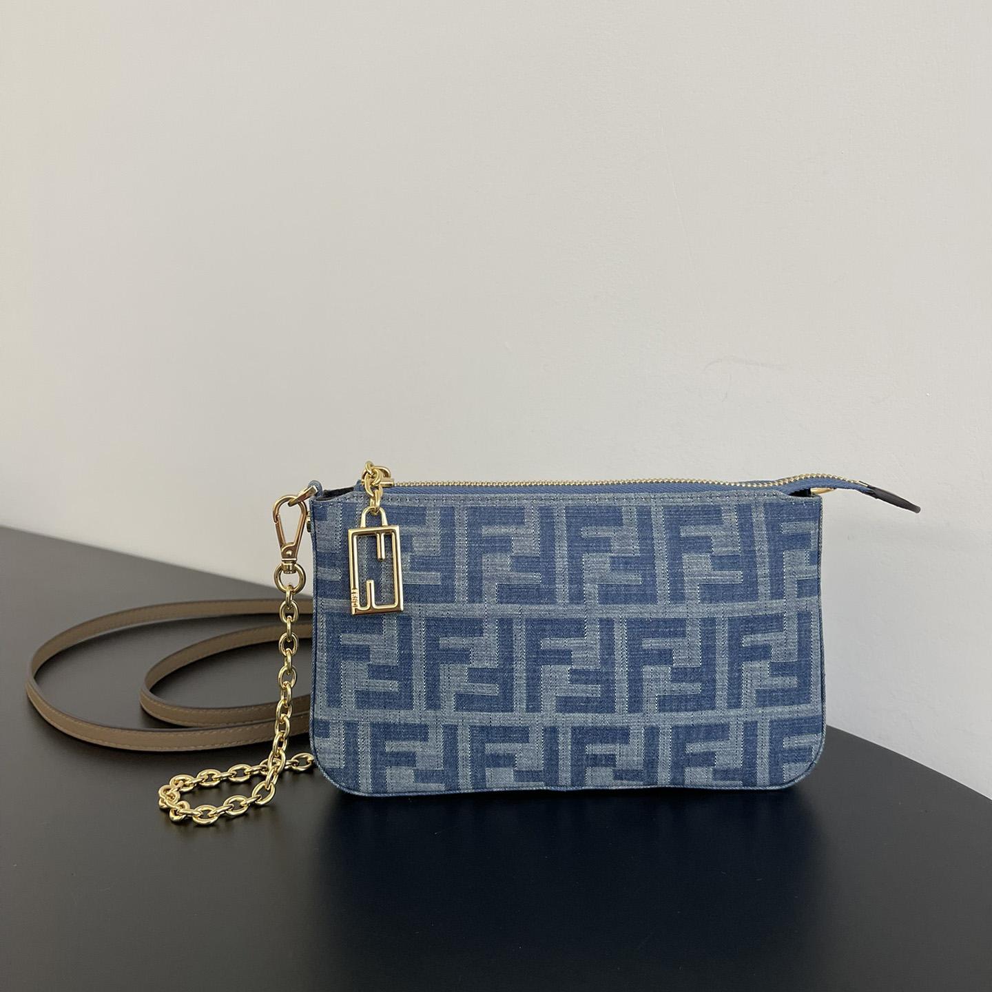 Fendi Baguette Pouch Light Blue FF Denim Fabric Pouch With Chain - everydesigner