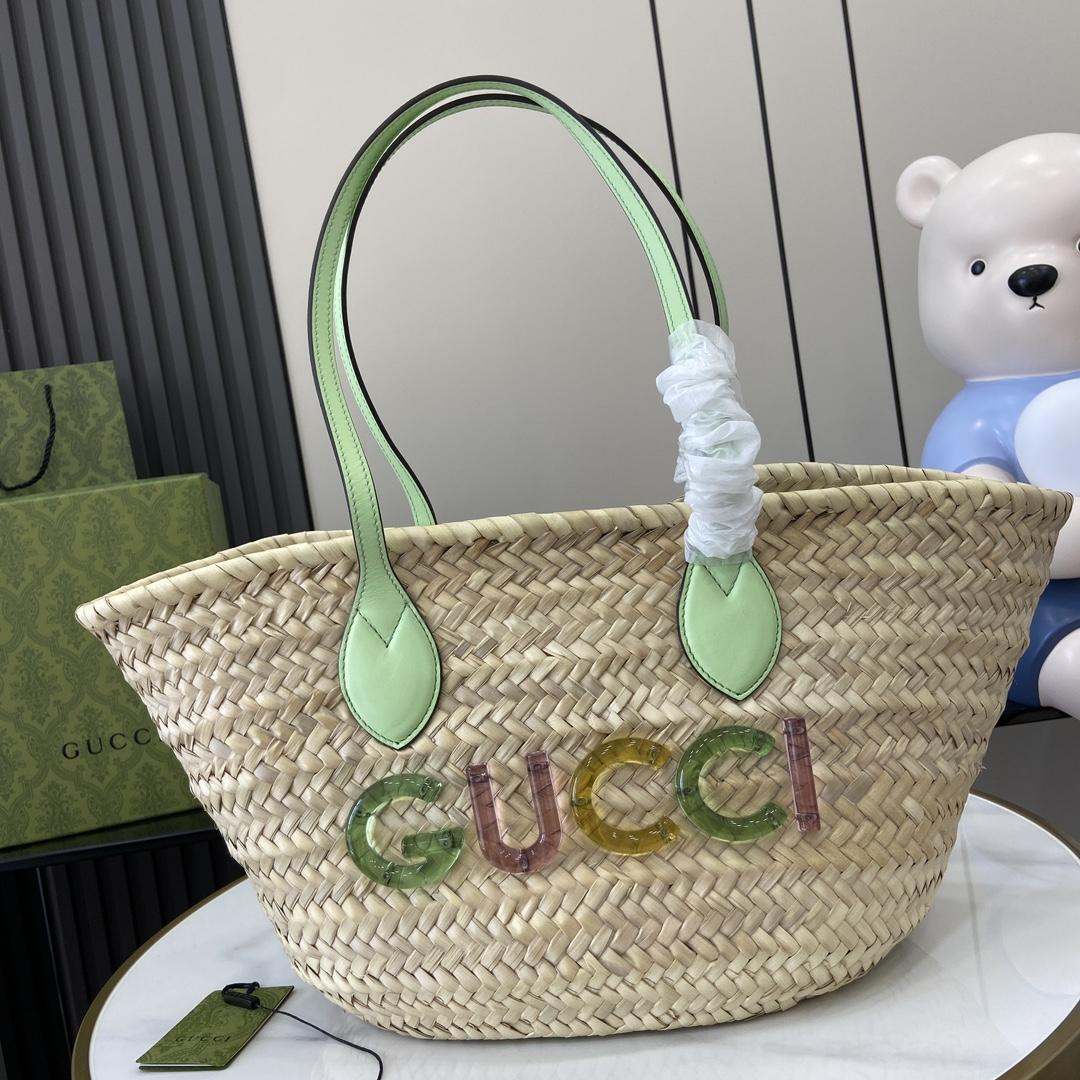 Gucci Small Straw Tote With Gucci Logo - everydesigner